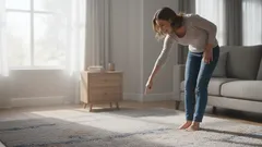 Nainen etsimässä jotakin olohuoneen matolta kirkkaassa päivänvalossa.