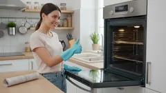 Nainen puhdistaa uunia keittiössä suojakäsineet kädessä, moderni kotikeittiö taustalla.